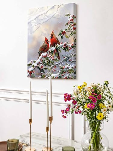 NuYeBiofx Christmas Red Bird on Tree Branch Canvas Wall Art Prints,30"x20" Framed Picture Artwork Winter Berry Snow Scenery Printed Canvas Oil Painting for Living Room Bedroom Office,Ready to Hang