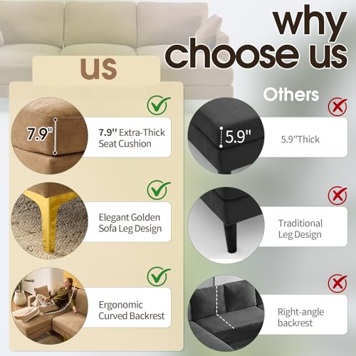 100" W U Shaped Couch with Ottoman, 22" Deep Seat Comfortable Sectional Couches for Living Room, 3 Seater Chenille Fabric Cloud Sofa for Apartment, Small Spaces, Bedroom, Khaki
