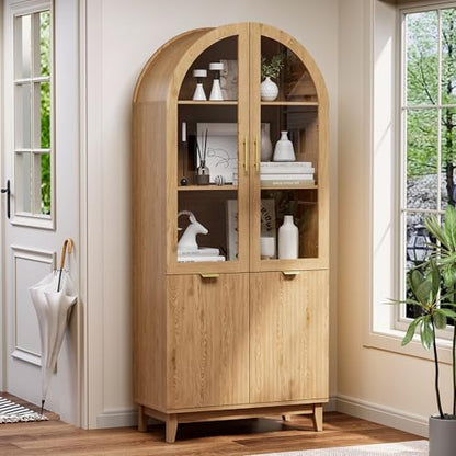 71" Tall Arched Cabinet with Glass Doors, Fluted Kitchen Pantry Cabinet, view 5