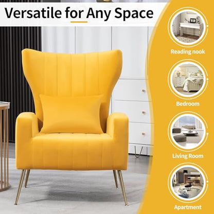 Modern Accent Chairs Set of 2, Wingback Chair with Arm & Gold Legs, Living Room Bedroom Side Chair with Lumbar Pillow, Velvet Upholstered, Channel Tufted, Yellow