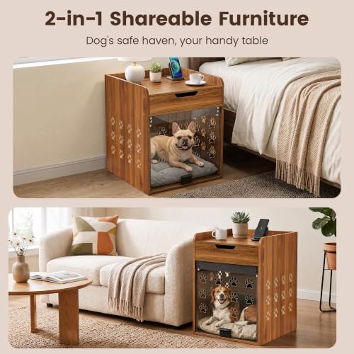 Wooden Dog Crate Furniture with Charging Station, Small Dog Crate End Table, view 3