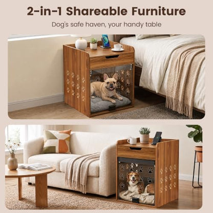 Wooden Dog Crate Furniture with Charging Station, Small Dog Crate End Table, view 3