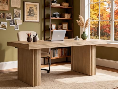 Tribesigns Modern Office Desk, Home Office Table with Wide Fluted Legs, Modern Desk for Home Office, Natural