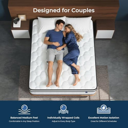 Queen Mattress 12 Inch, Fiberglass-Free | Cool Sleep Hybrid Mattress in a Box - Memory Foam & Pocket Springs, Ergonomic Design, Pressure Relief, Medium Firm Feel, 60"×80"×12"