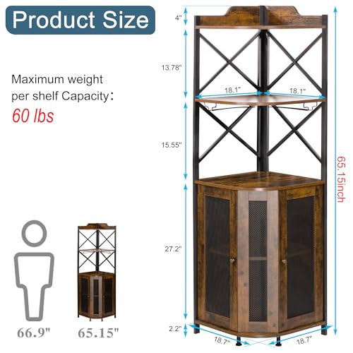 Corner Bar Cabinet with LED Lights, 5-Tier Industrial Wine Bar Cabinet with Glass Holder, Farmhouse Liquor Cabinets with Shelf and Door, Home Bar for Coffee Bars, Rustic Brown