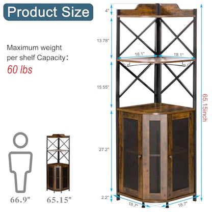 Corner Bar Cabinet with LED Lights, 5-Tier Industrial Wine Bar Cabinet with Glass Holder, Farmhouse Liquor Cabinets with Shelf and Door, Home Bar for Coffee Bars, Rustic Brown