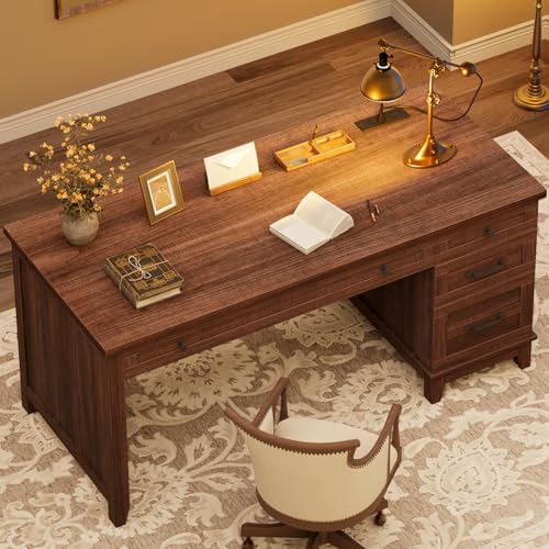 Executive Desk with Drawers, Farmhouse Home Office Desk with Charging Station, 53.54 in Wooden Computer Desk with File Cabinet Storage for Work Study Writing,Walunt Brown