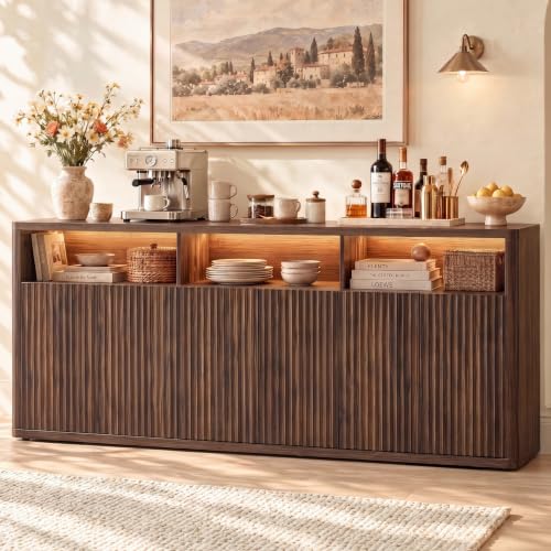 71" Fluted Sideboard Buffet Cabinet with Lights & Outlets, Walnut, view 4