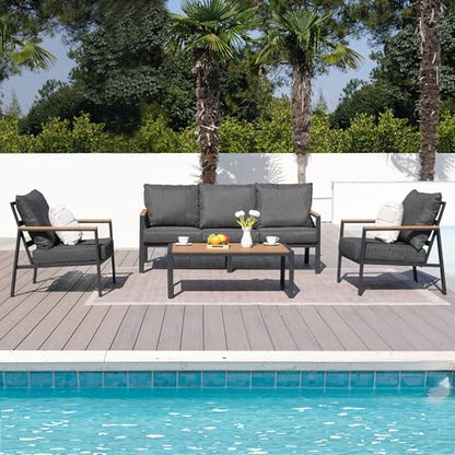 Patio Furniture Set, 4 Pieces Outdoor Furniture Patio Conversation Set with High Back, Faux-Wood Armrest and Tabletop, Outdoor Couch Patio Sofa Set for Balcony, Porch, Backyard, Grey