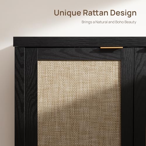 Sideboard Buffet Storage Cabinet - Boho Rattan Credenza Coffee Bar Cabinet with Large Storage, Farmhouse Console Buffet Table for Kitchen Living Room Entryway - 2 Black Pieces