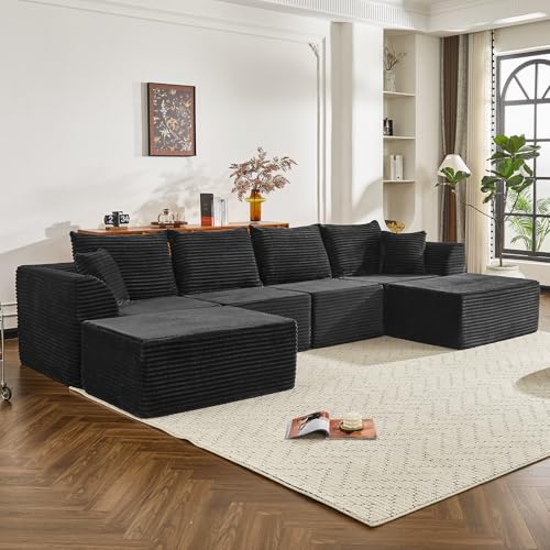 130" Sectional Couches for Living Room，U-Shaped Modular Sectional Sofa,Extra Deep Seat 6-Seater Boneless Sectional with 2 Ottomans，High Density Foam Sofa，No Assembly Required Corduroy Cloud Couch