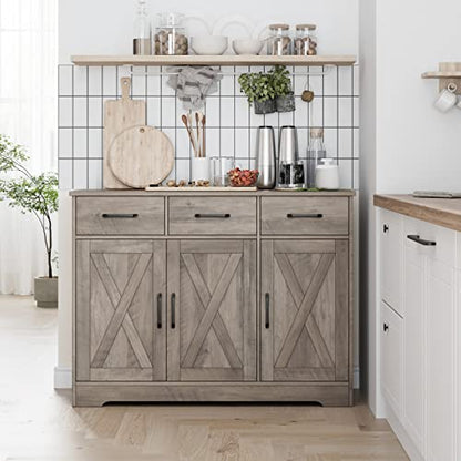 Modern Farmhouse Buffet Sideboard Cabinet, Barn Doors Storage Cabinet with Drawers and Shelves, Wood Coffee Bar with Storage for Dining Room, Kitchen, Living Room, Ash Grey