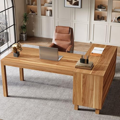 Tribesigns L-Shaped Desk with File Cabinet, 59-Inch Executive Office Desk with Storage Shelves, Wooden Study Writing Desk Farmhouse Corner Computer Desk for Home Office, Rustic Brown