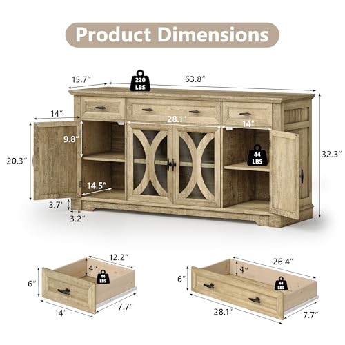 64" Farmhouse Sideboard Cabinet with 3 Drawers and 4 Doors, view 3