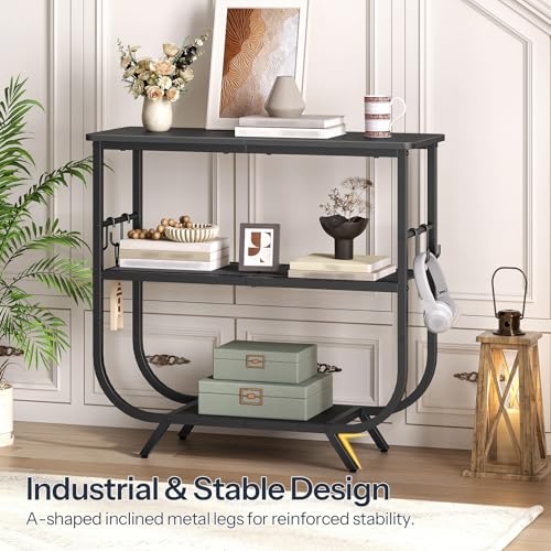 3 Tier Small Console Table, 31.5" Entryway Table with Storage Shelf, Narrow Sofa Table, Behind Couch Table, Hallway Table with S-Hooks, for Living Room, Black BB63XG01