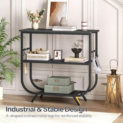 3 Tier Small Console Table, 31.5" Entryway Table with Storage Shelf, Narrow Sofa Table, Behind Couch Table, Hallway Table with S-Hooks, for Living Room, Black BB63XG01