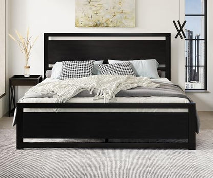 Heavy Duty King Size Bed Frame with Modern Headboard, Black, view 2
