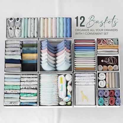 Drawer Organizer Clothes Set of 12 White-Grey, Dresser Organizer For Nursery, view 5