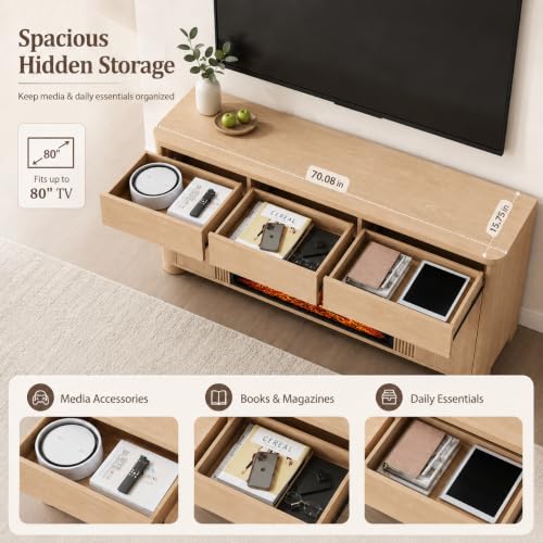 70" Fireplace TV Stand for 80" TVs, 42" Insert, 3 Drawers, Natural, view 4