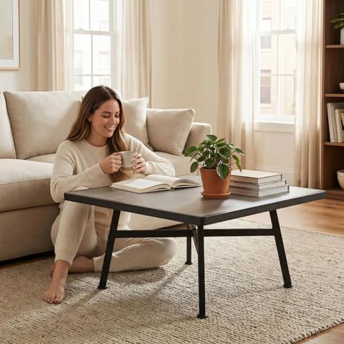 Square Coffee Table, Industrial Center Table for Living Room, Rustic Wood Desktop Storage Shelf with Metal X-Shape Table Leg, Modern Home Furniture