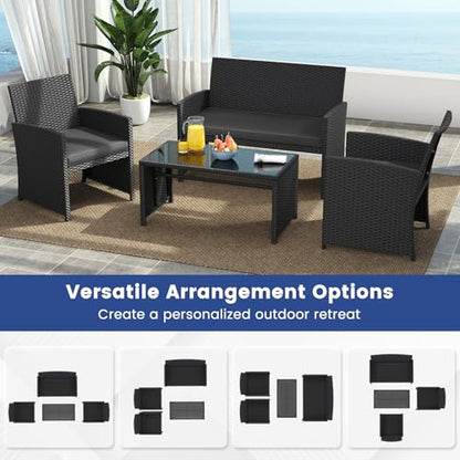 4 Pieces Patio Wicker Furniture Set, Outdoor Heavy Duty Rattan Cushioned Chairs, Loveseat and Tempered Glass Coffee Table, for Backyard, Balcony, Poolside (1, Black)
