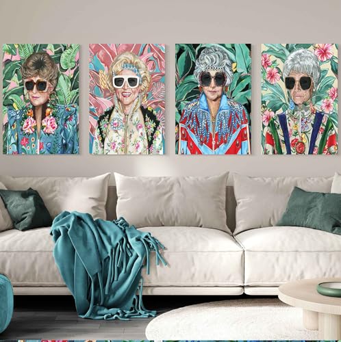 80s Artwork Fashion Golden Wall Art Girls Poster Sophia Petrillo With Sunglasses Poster For Woman Room Decor Estelle Getty Tropical Canvas Prints (L24"xW16"-WoodFrame Ready to Hang) Painting For Girl Dorm Home Decor