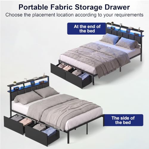 Queen Bed Frame with Storage Drawers, Charging Station and LED Lights, view 6