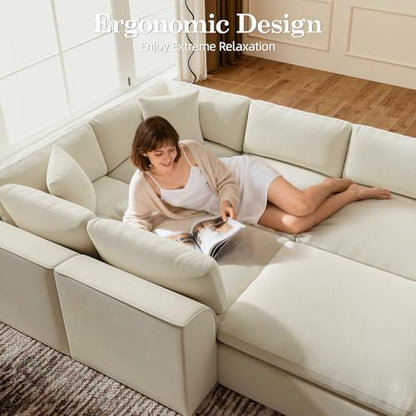 7 Seater Modular Sectional Couch,Modern L/U Shaped Boneless Sectional Sofa with Ottoman,Chenille Cloud Couches for Living Room,Beige