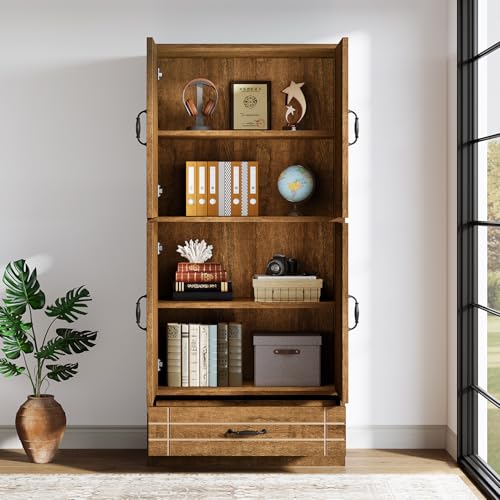 Tribesigns 70 Inches Bookshelf and Bookcase with Door, Wooden Farmhosue Tall Storage Cabinet with Drawer, Retro Enclosed Library Book Shelves for Home Office, Living Room (Rustic)