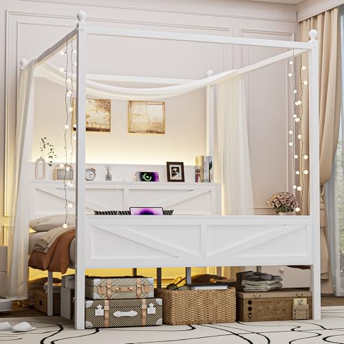 Queen Size Canopy Bed Frame with Barn Door Storage Headboard, Beige, view 5