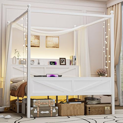 Queen Size Canopy Bed Frame with Barn Door Storage Headboard, Beige, view 5