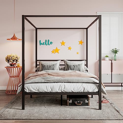 Full Size Canopy Bed Frame with Heavy Duty Metal Slats, Black, view 7