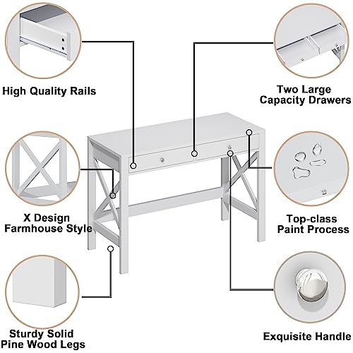 Computer Desk Study for Home Office, Modern Simple 40 Inches Desk with Drawers, Makeup Vanity Console Table, White