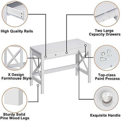 Computer Desk Study for Home Office, Modern Simple 40 Inches Desk with Drawers, Makeup Vanity Console Table, White
