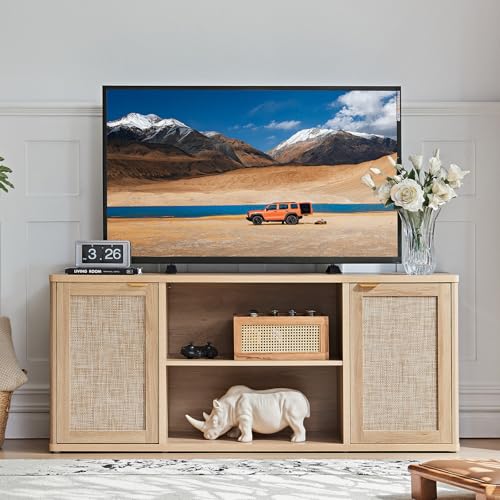 Rattan TV Stands for Living Room, Boho TV Cabinet with Storage and Open Shelf, Rustic Wood Entertainment Center, Media Console for 50-65 Inch TV, Natural Wood