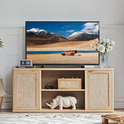 Rattan TV Stands for Living Room, Boho TV Cabinet with Storage and Open Shelf, Rustic Wood Entertainment Center, Media Console for 50-65 Inch TV, Natural Wood