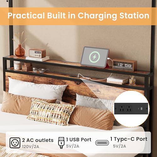 Canopy Bed Frame Queen with Storage Headboard & Charging Station, view 4