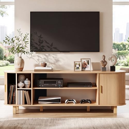 70" Mid Century TV Stand with Fluted Sliding Doors, Natural Oak, view 5