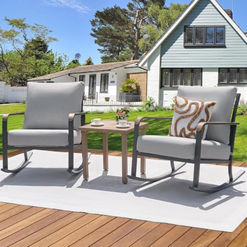 Glider Rocking Chair Bistro Set, 3 Pieces Outdoor Patio Furniture Conversation Set with 2 Rocker Chairs, 1 Table and Thick Cushions for Backyard, Porch, Balcony, 350lbs, Grey.