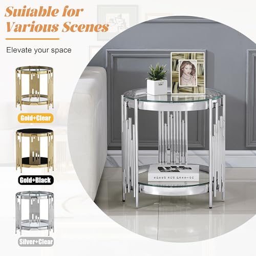20" Round Glass End Table, 2-Tier Silver Side Table with Stainless Steel Legs and Clear Tempered Glass, Modern Luxury End Table for Living Room Home Office