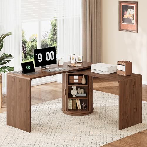 60 in L Shaped Desks,360° Rotating Swivel Corner Desk,Walnut, view 2