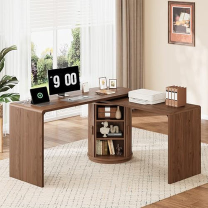 60 in L Shaped Desks,360° Rotating Swivel Corner Desk,Walnut, view 2