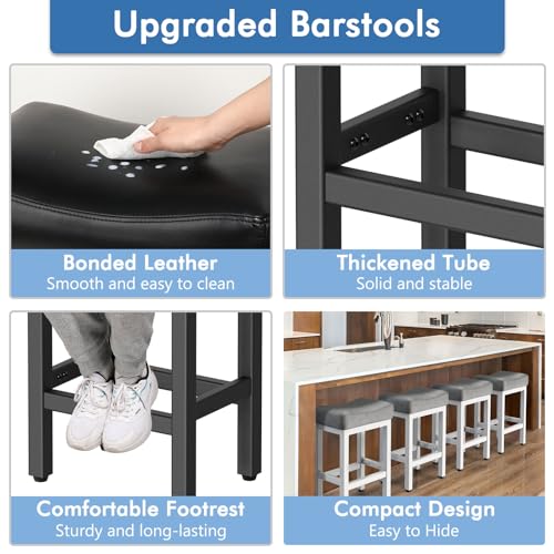 Counter Height Bar Stools Set of 2, 24 Inch Barstools for Kitchen Island Counter, Bonded Leather Kitchen Stools with Thick Saddle Seats & Heavy Duty Metal Base, Easy Assembly, All Black