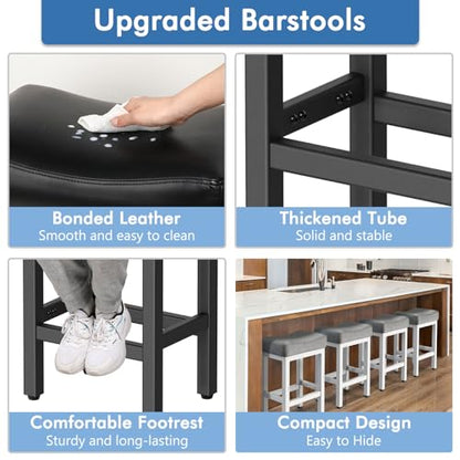 Counter Height Bar Stools Set of 2, 24 Inch Barstools for Kitchen Island Counter, Bonded Leather Kitchen Stools with Thick Saddle Seats & Heavy Duty Metal Base, Easy Assembly, All Black