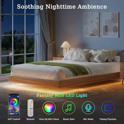3 Pieces Queen Bedroom Set, Floating Bed Frame with Smart LED Lights & Nightstand Set of 2, Fluted Bedroom Furniture Set for Home, Bedroom, Walnut