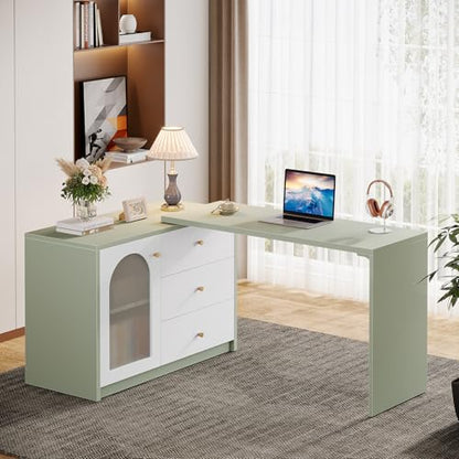 Tribesigns L-Shaped Computer Desk with Drawers, Modern Corner Home Office Desk with Reversible Storage Cabinet, Long Study Writing Desk Workstation for Home Office, Cyan & White