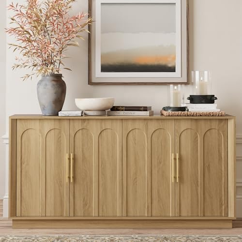67" Sideboard Buffet Cabinet with Storage, Arched Doors, Oak, view 3