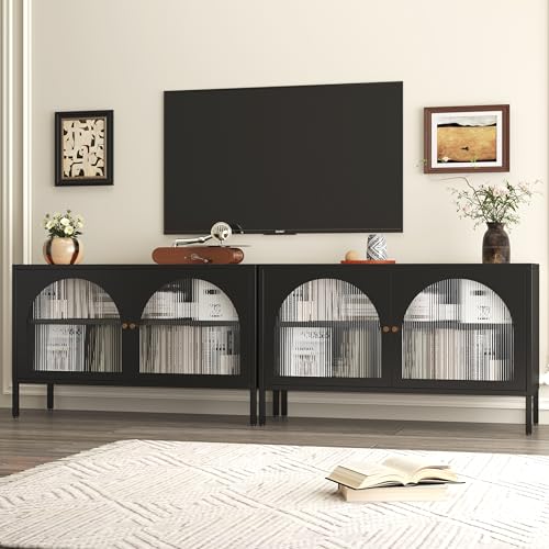 Metal Locker TV Stand, Accent Storage Cabinet with 2 Acrylic Doors, Low Hallway Cabinet with Adjustable Shelf, Sideboard for Home,Office,Entryway,Dining/Living Room,Bedroom,Black