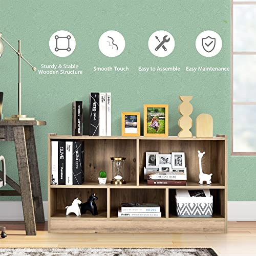 5 Cube Bookcase, 2 Tier Wooden Storage Open Bookshelf, Multipurpose Display Storage Cabinet for Living Room, Bedroom, Hallway, Kid's Playroom, Reading Nook (Natural)
