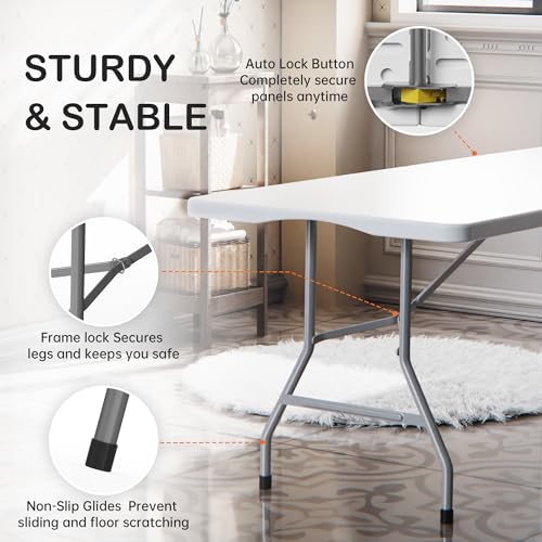 Set of 2 6 Foot Folding Table for Indoor Outdoor, Portable Heavy Duty Fold-in-Half Utility Plastic Foldable Dining Table with Carrying Handle for Picnic, Camping and Party, 2 Pack White